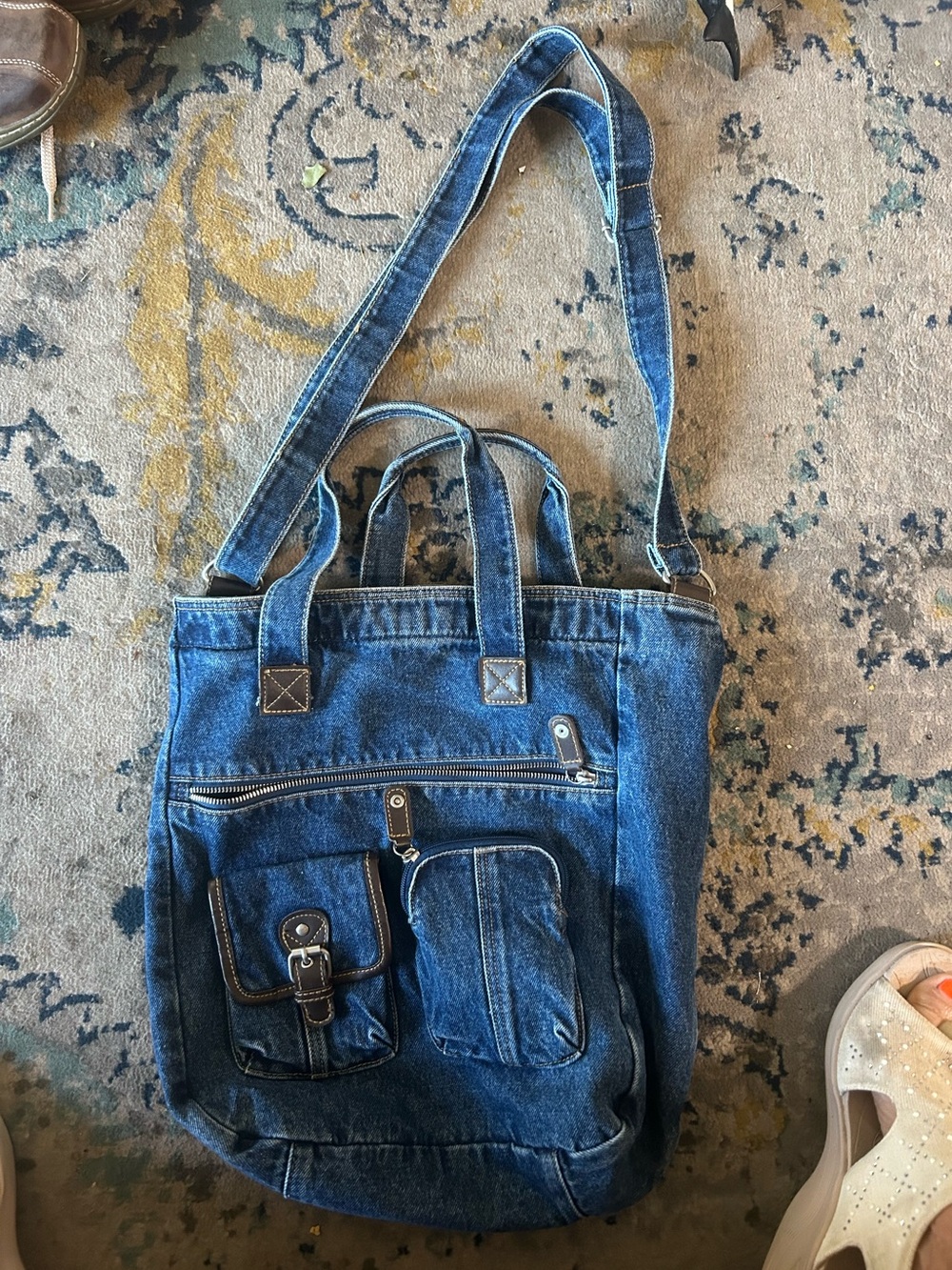 Denim Blue Canvas Tote Bag with Crossbody Strap